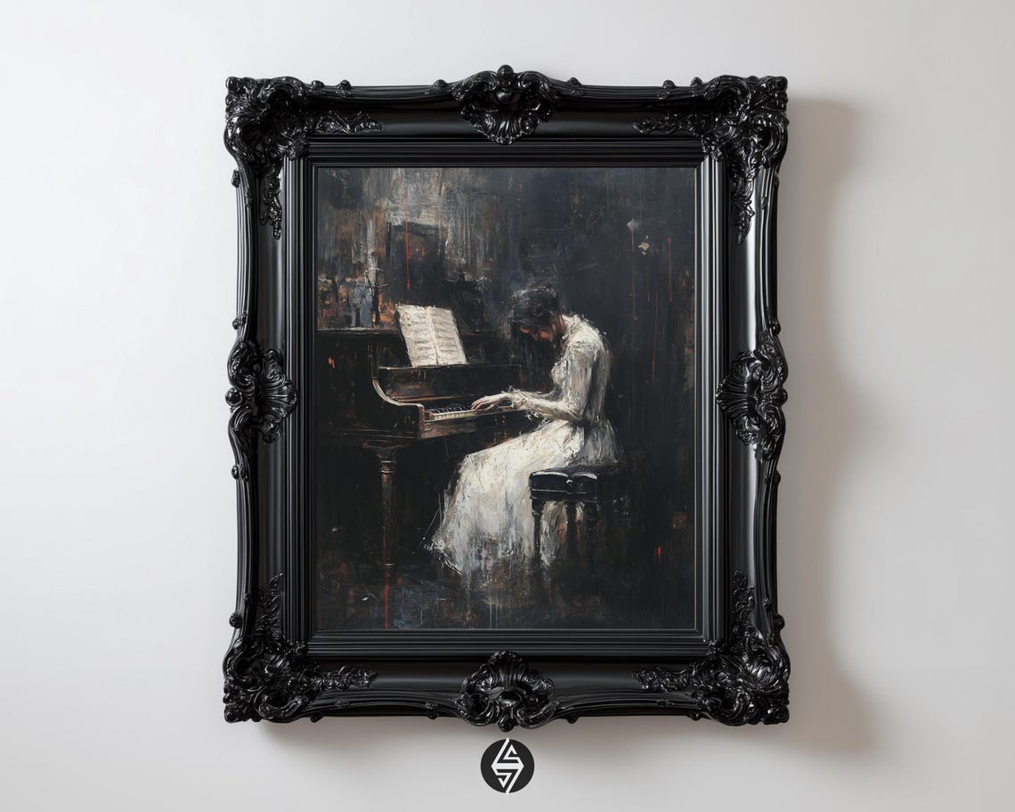 Dark Academia Melancholic Pianist Print Gothic Oil Painting Moody Noir Piano Wall Art Victorian 91