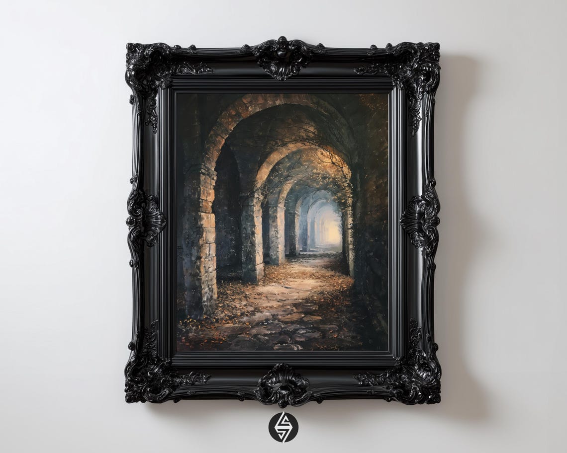 Gothic Stone Cloister Arches Ancient Corridor Dark Art Poster