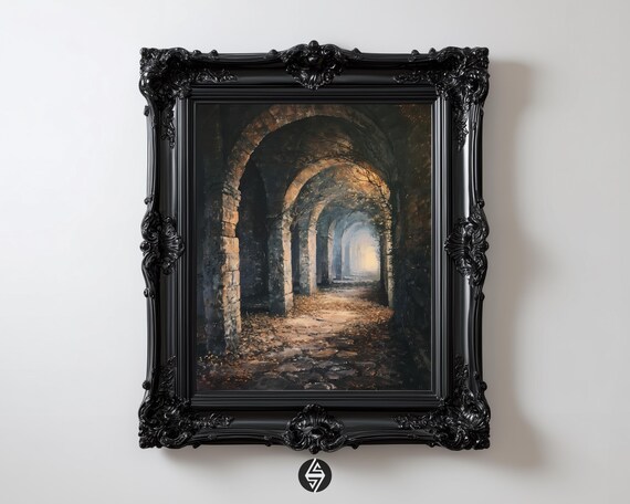 Gothic Stone Cloister Arches Ancient Corridor Dark Art Poster