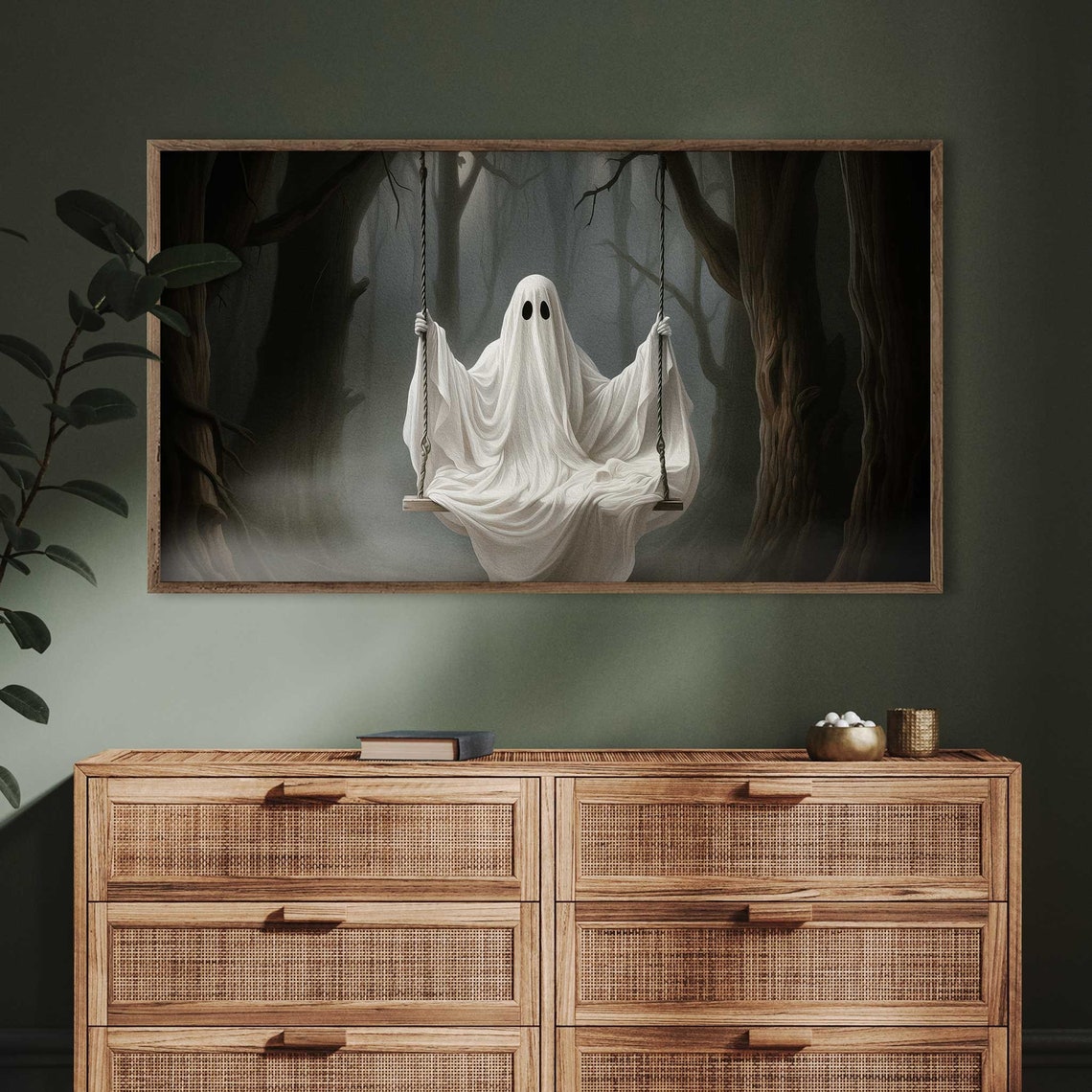 Cute Ghost on Swing Dark Forest Vintage Halloween Spooky Art Poster - Image 4