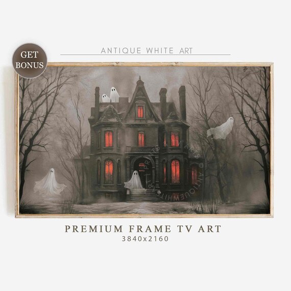 Haunted House With Ghosts And Glowing Red Windows Vintage Spooky Night Poster