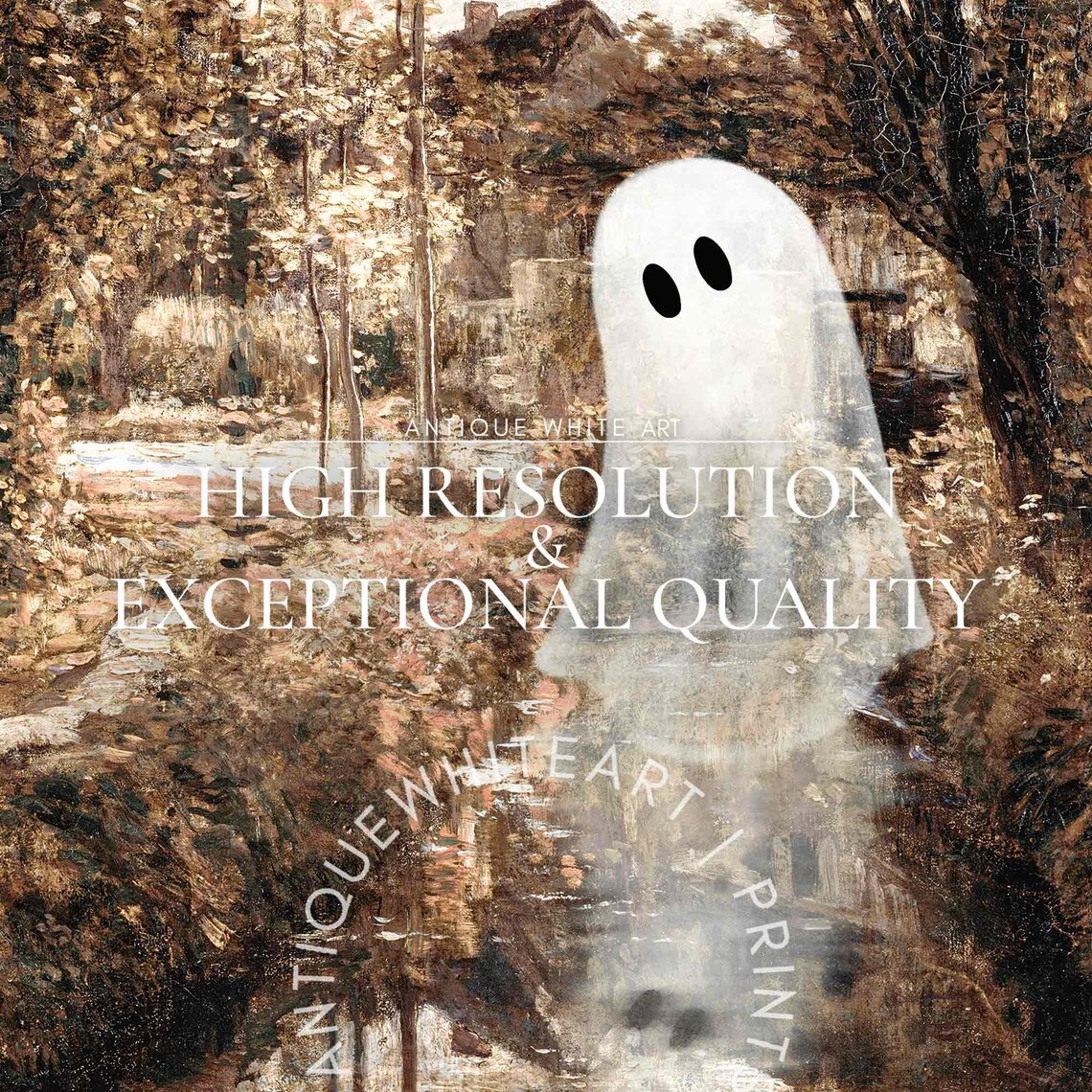 Cute Ghost Golden Woodland Path Vintage Fall Forest Oil Painting Poster - Image 3