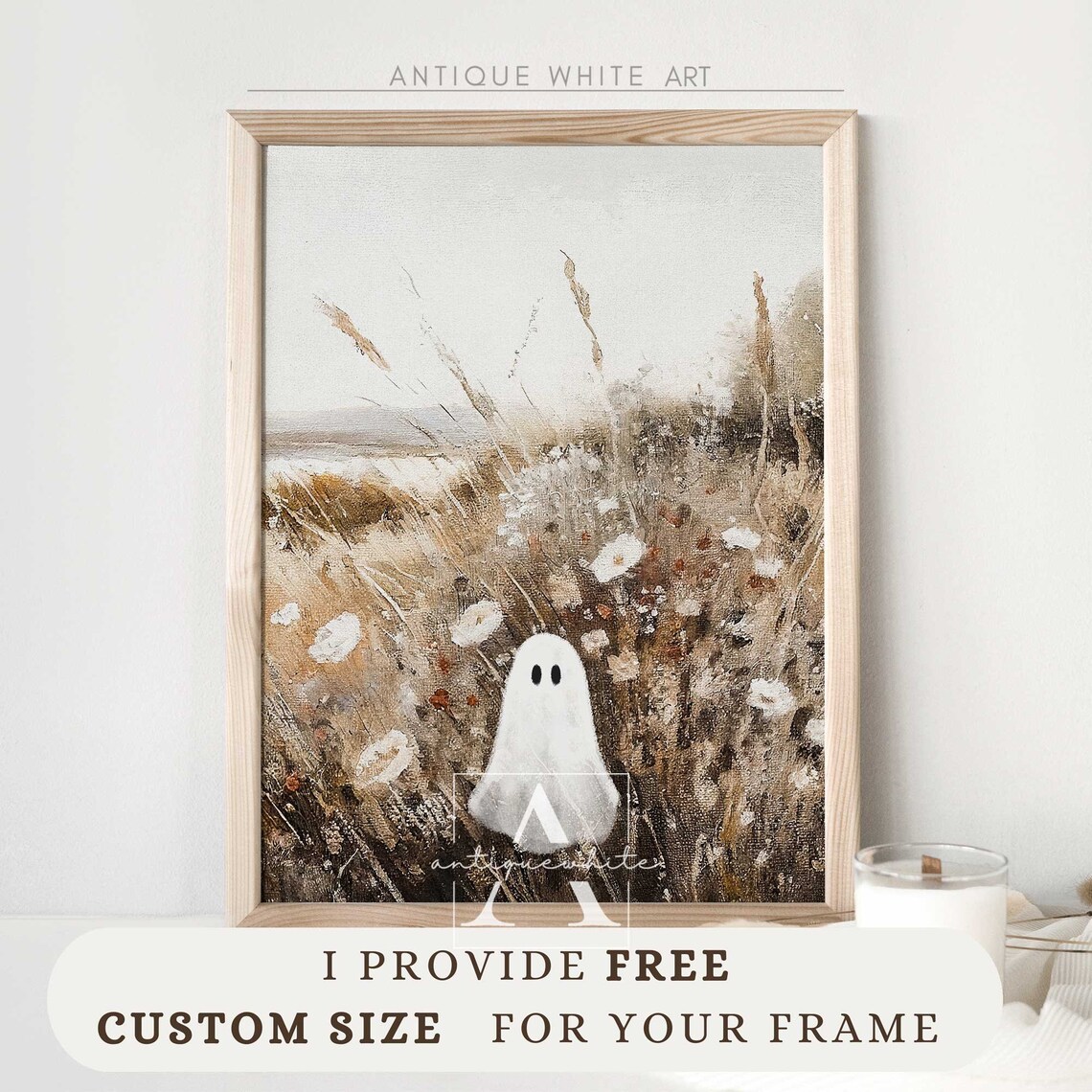 Cute Ghost White Daisy Wildflower Field Vintage Halloween Wall Art Print - Image 3