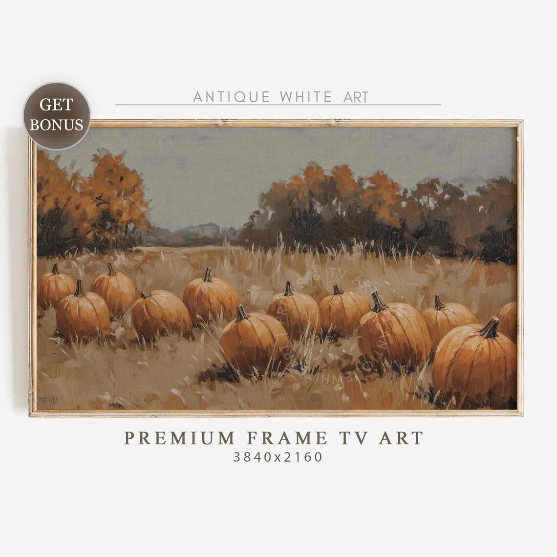 Pumpkins In Rows Across Autumn Field With Golden Trees Vintage Fall Poster