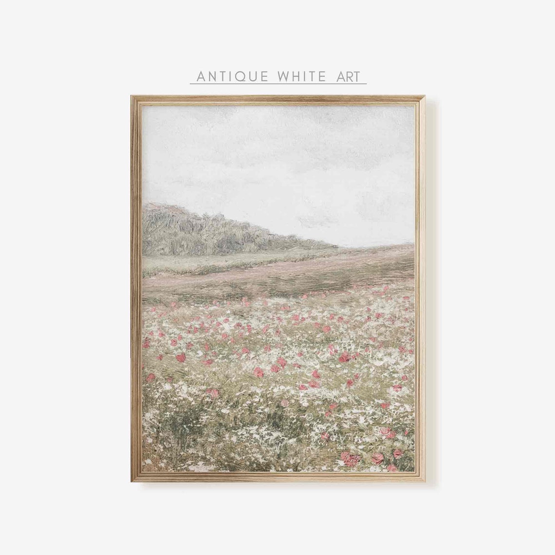 Vintage Wildflower Meadow Rolling Hills Pink Bloom Art Wall Print