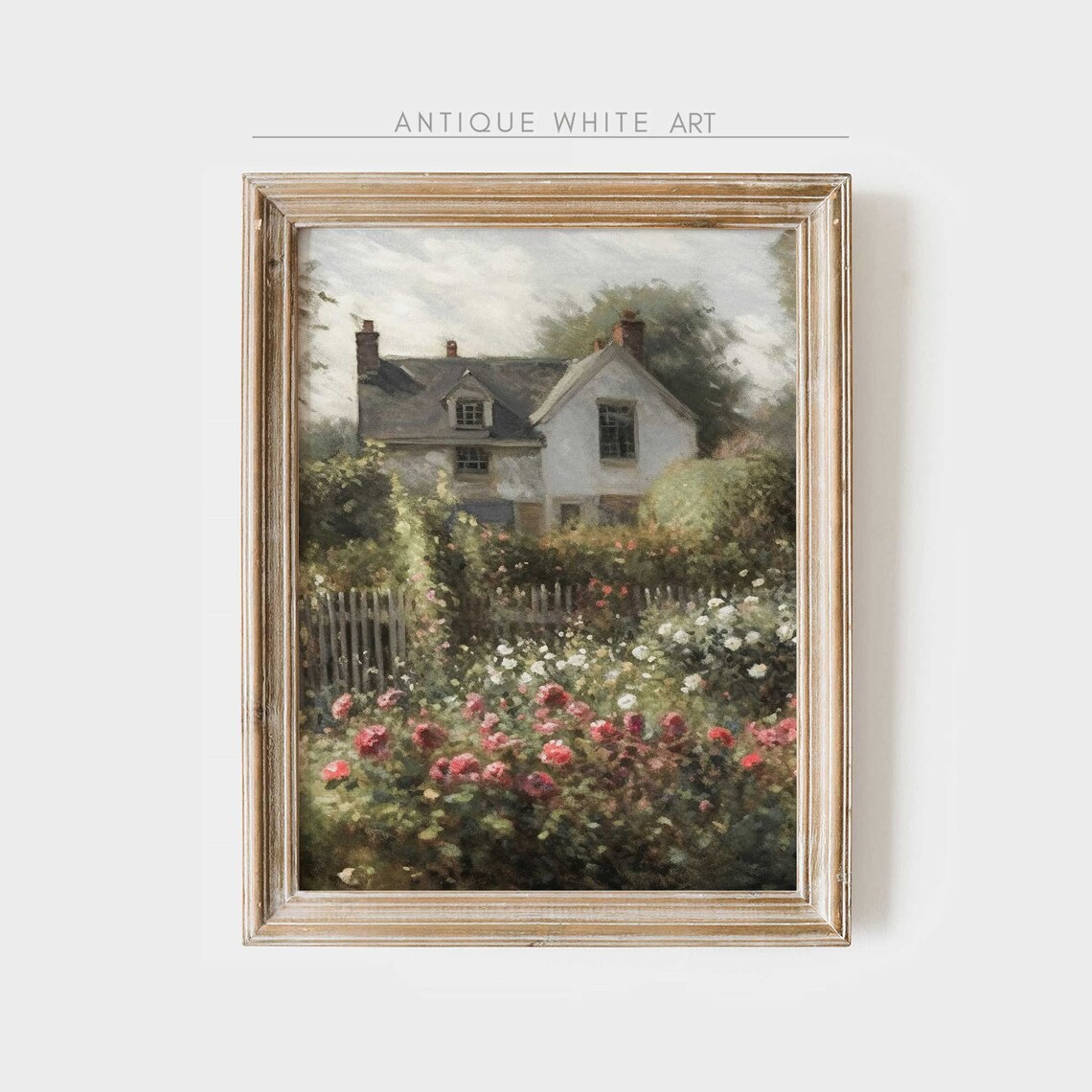 Cottage Rose Garden Vintage Oil Painting Art Print