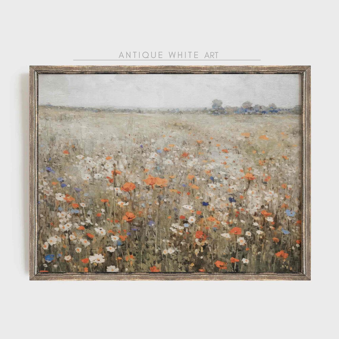 Wildflower Field Vintage Painting, Autumn Landscape Art Print