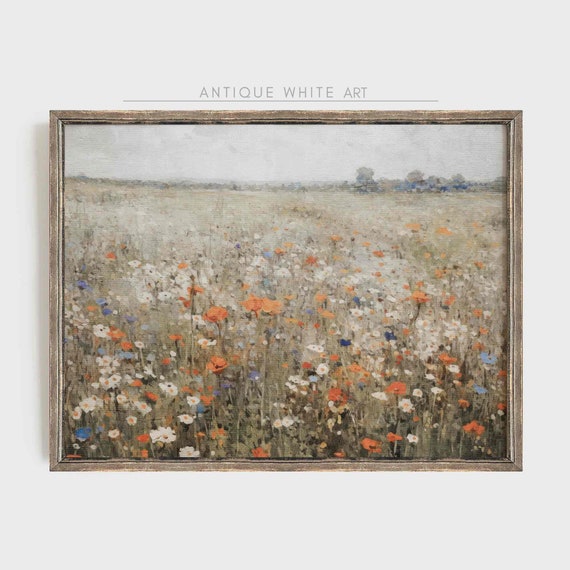 Wildflower Field Vintage Painting, Autumn Landscape Art Print