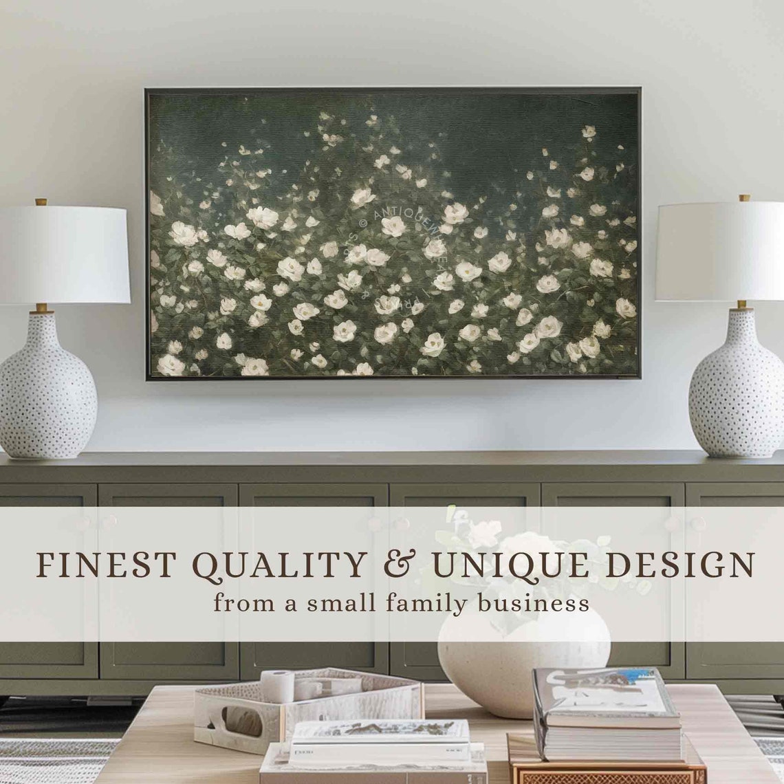 White Roses Dark Green Botanical Oil Painting Moody Floral Poster - Image 3