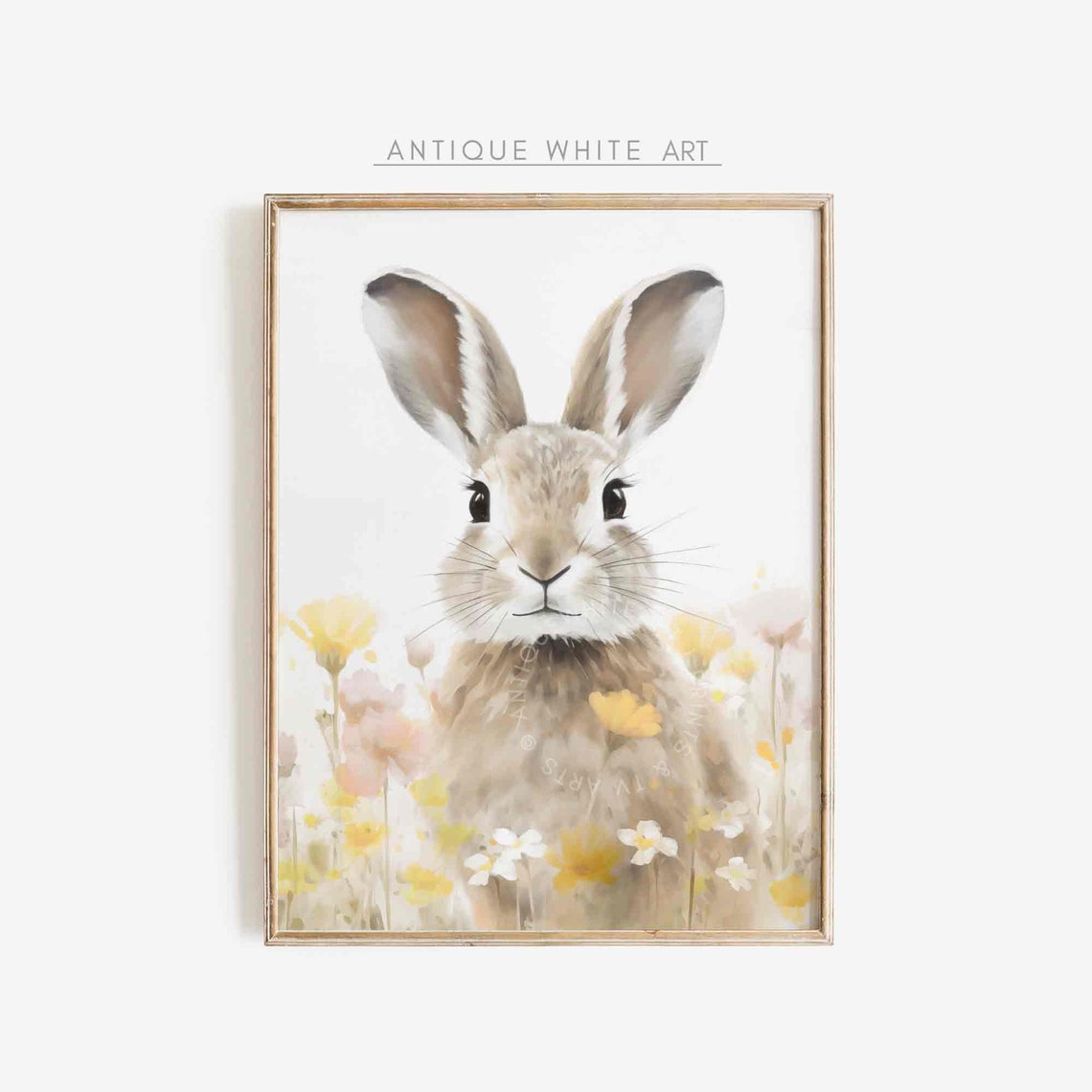 Cute Bunny Rabbit Wildflower Meadow Watercolor Nursery Wall Print