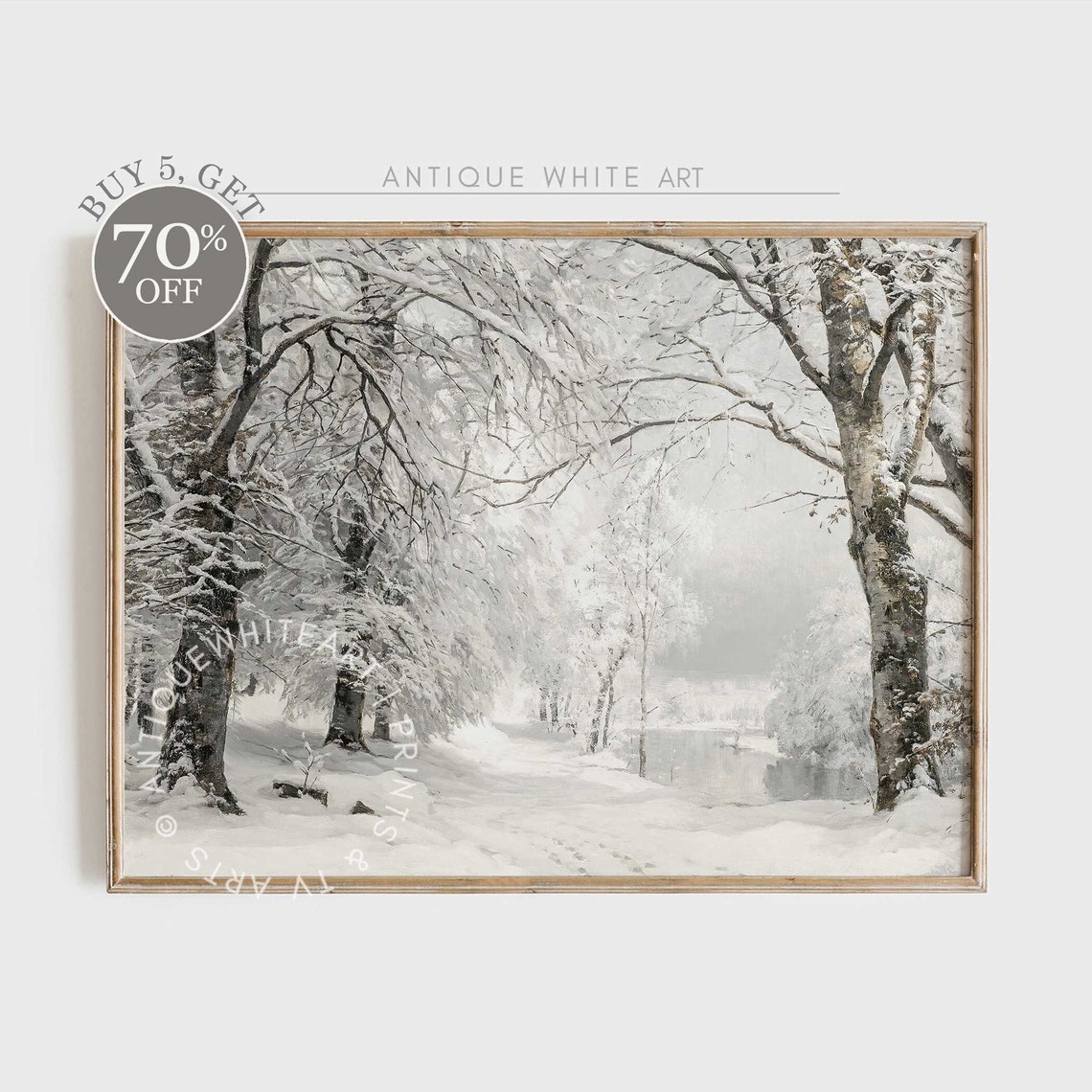 Snow Covered Winter Forest Path Tall Trees Vintage Painting Poster