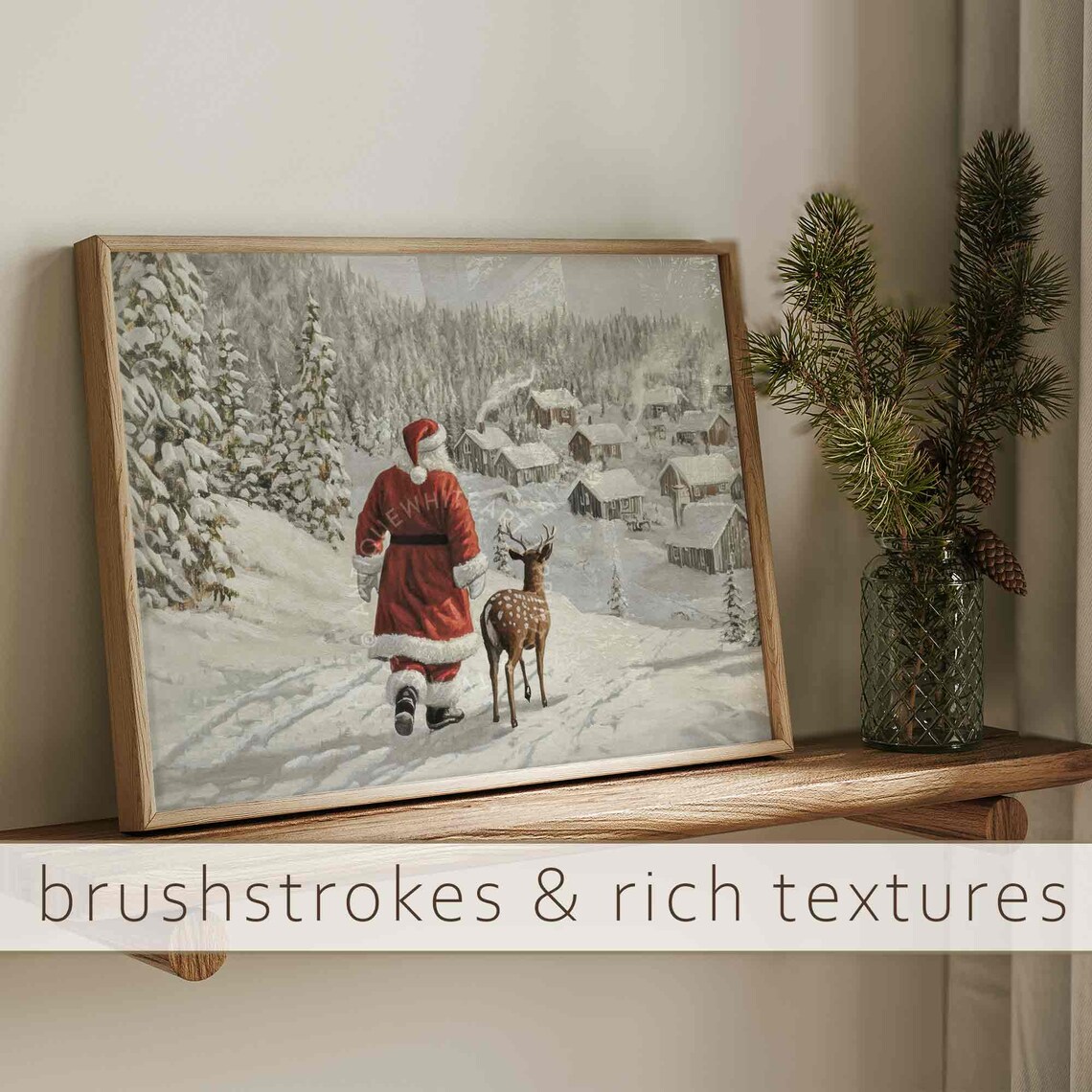 Santa Claus Walking With Reindeer Through Snowy Village Poster - Image 2