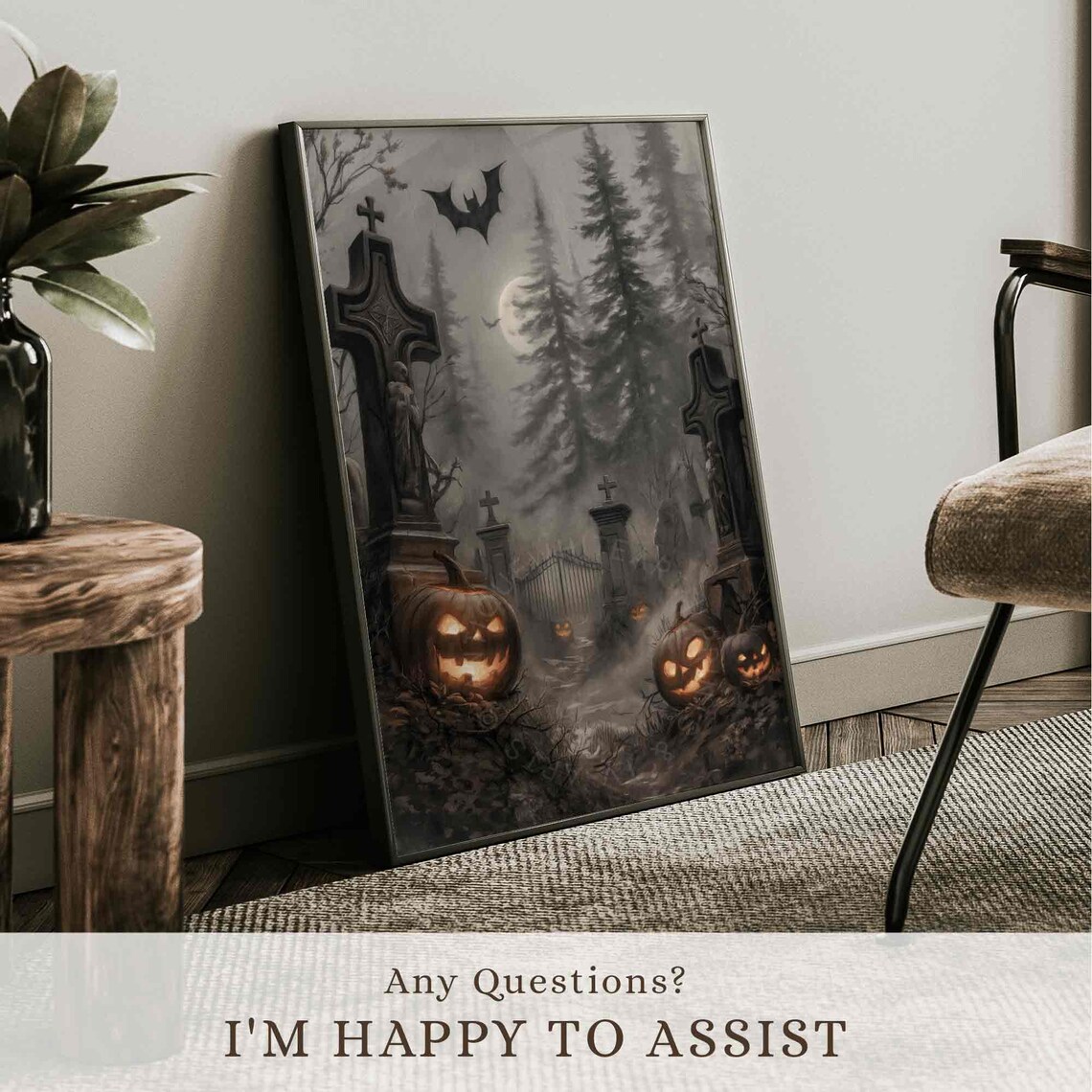 Spooky Halloween Cemetery Jack-O-Lanterns Full Moon Bat Dark Art Poster - Image 2