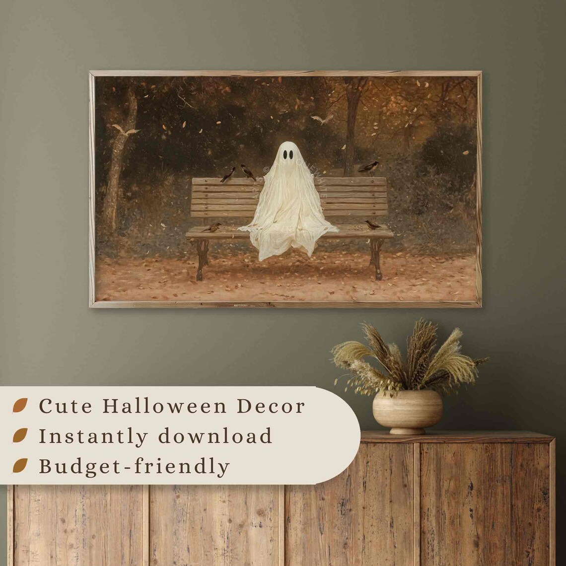Ghost Sitting On Park Bench Among Falling Leaves Vintage Autumn Halloween Poster - Image 4