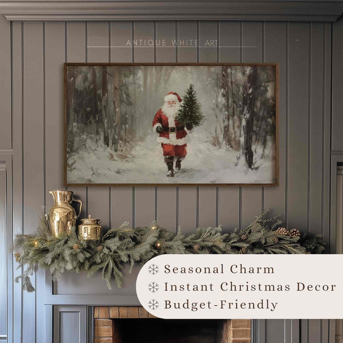 Santa Carrying Christmas Tree Through Snowy Forest Night Poster - Image 4