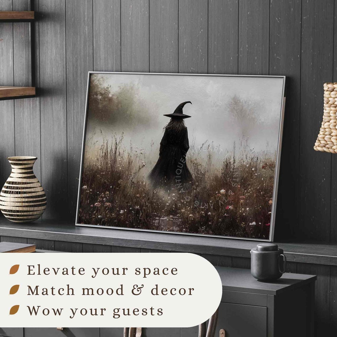 Lone Witch Foggy Field Dark Moody Halloween Witchy Vintage Art Poster - Image 4