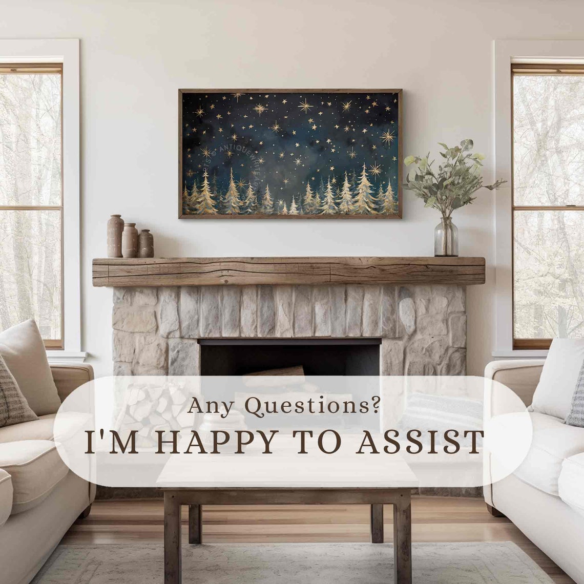 Starry Night Sky Gold Stars Snowy Pine Forest Holiday Wall Art Print - Image 2