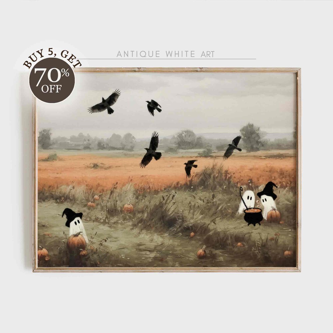 Cute Ghosts Witch Hats Pumpkin Field Crows Fall Halloween Farmhouse Poster