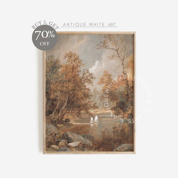 Autumn Woodland Pond Two Cute Ghosts Vintage Halloween Painting Poster