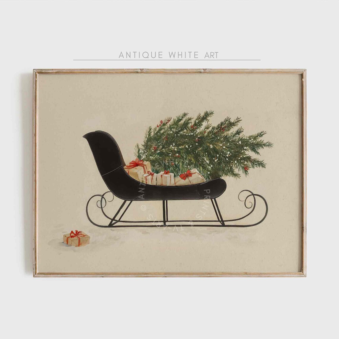 Vintage Sleigh Christmas Tree Holiday Art Print