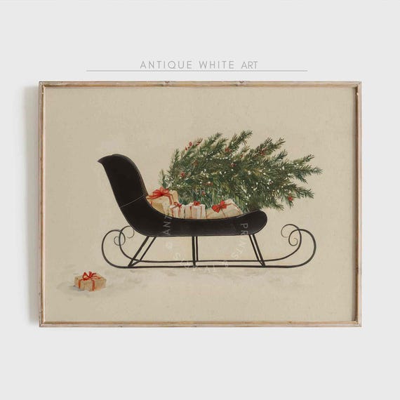 Vintage Sleigh Christmas Tree Holiday Art Print