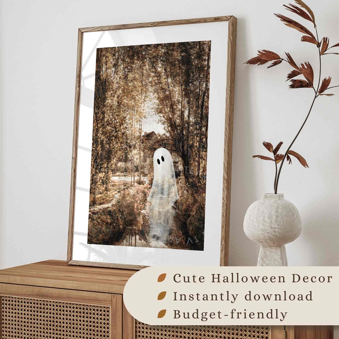 Cute Ghost Golden Woodland Path Vintage Fall Forest Oil Painting Poster - Image 4