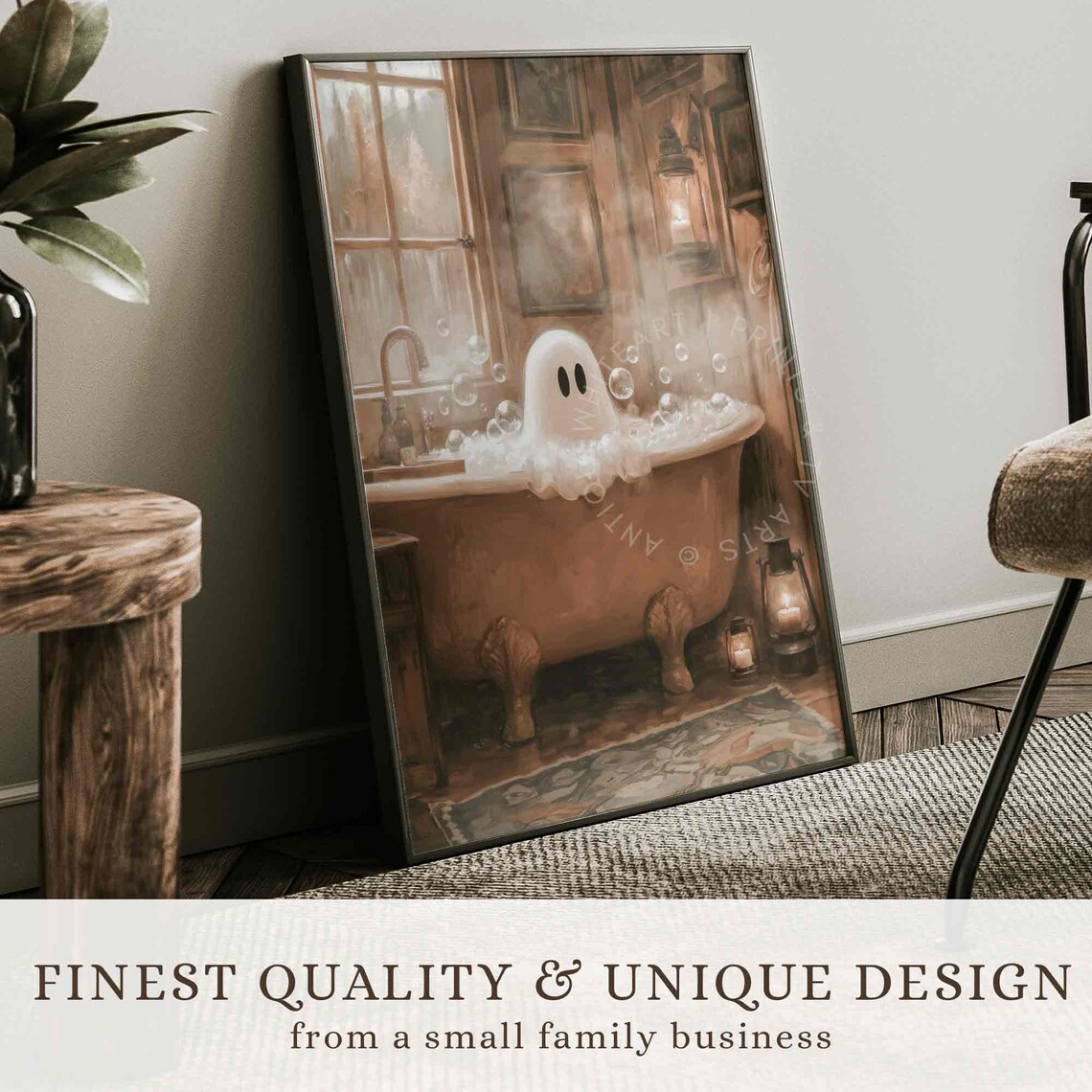 Funny Ghost Halloween Bathroom Art Print, Rustic - Image 2