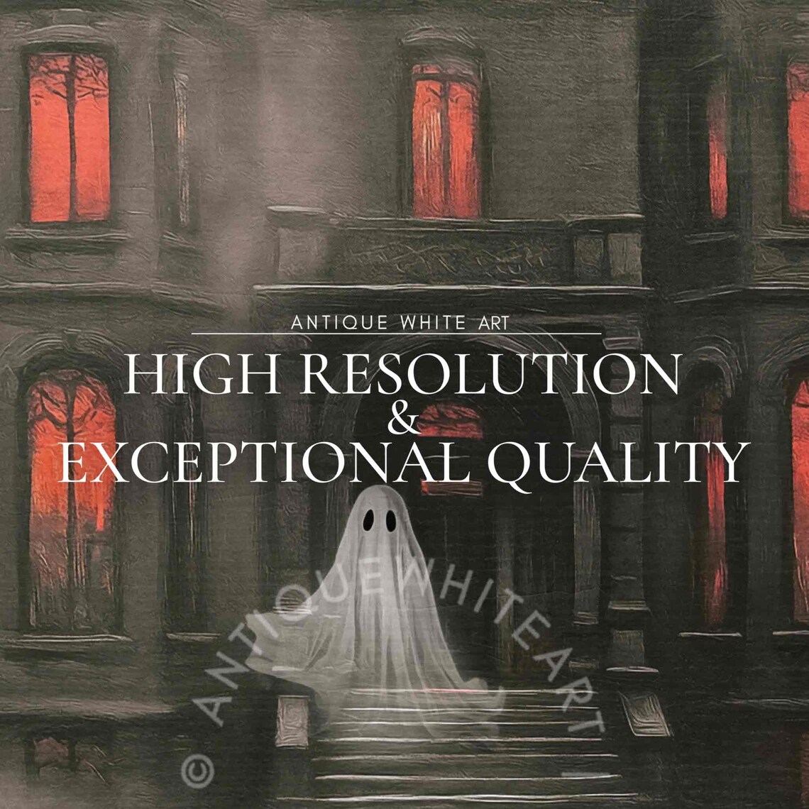 Haunted House With Ghosts And Glowing Red Windows Vintage Spooky Night Poster - Image 3