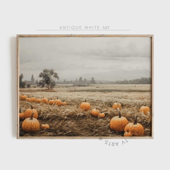 Scattered Pumpkins Dry Grass Field Hazy Sky Vintage Fall Harvest Painting Print