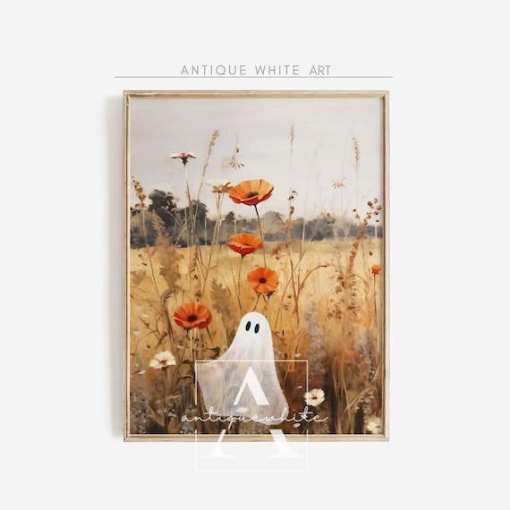 Cute Ghost Poppy Wildflower Field Autumn Vintage Wall Art Print