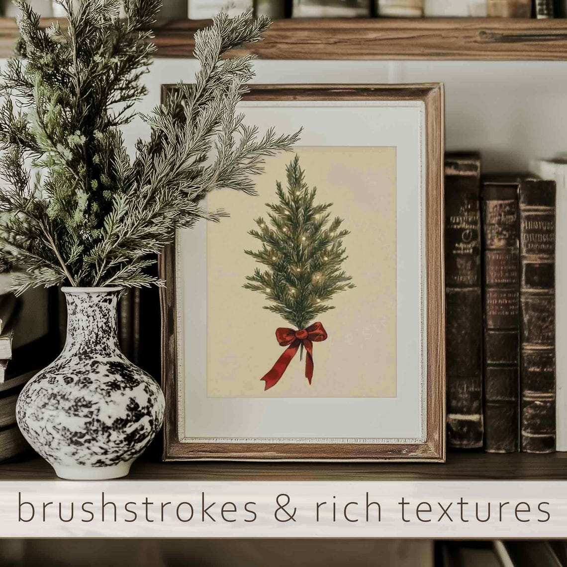 Small Spruce Tree With Fairy Lights And Red Bow Holiday Wall Art - Image 2