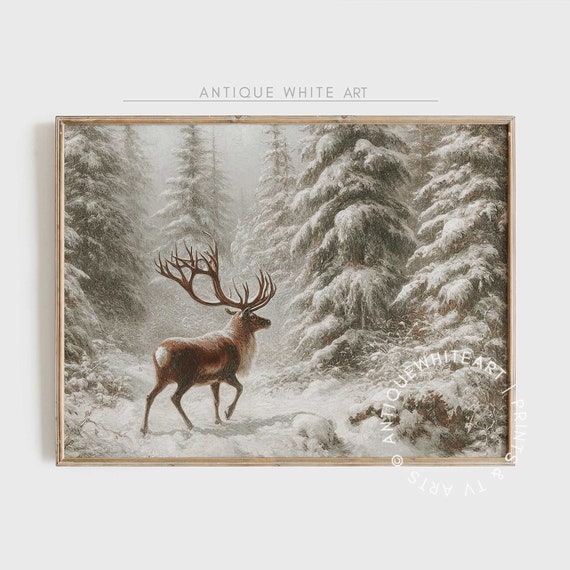 Vintage Deer In Winter Art Print, Farmhouse Christmas