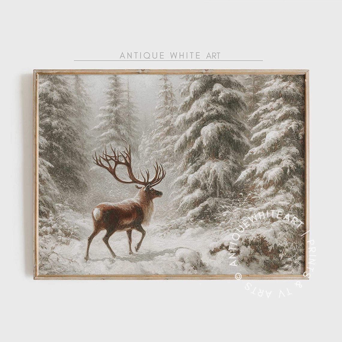 Vintage Deer In Winter Art Print, Farmhouse Christmas