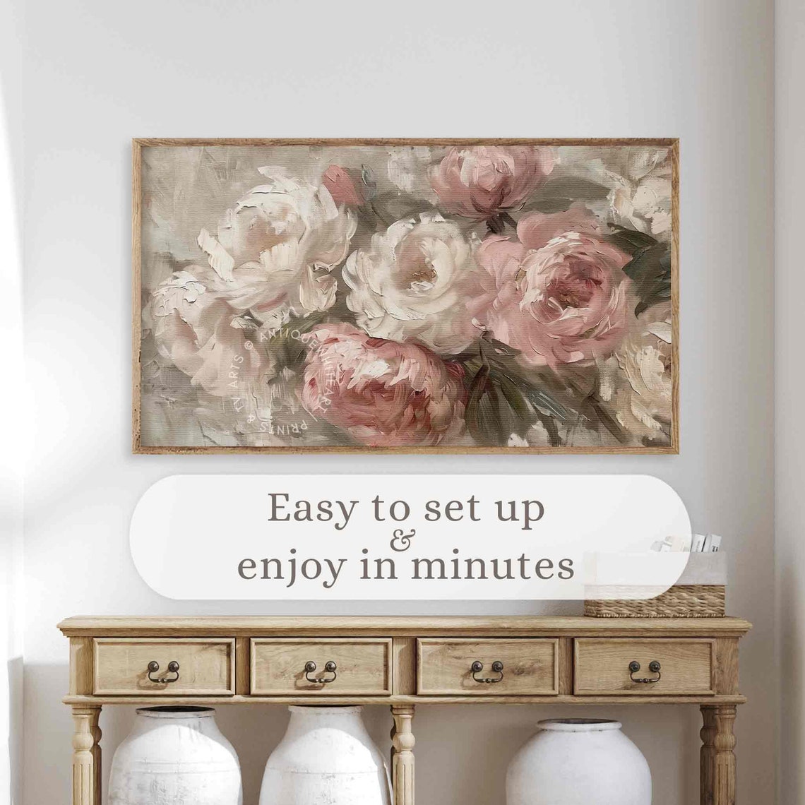 Pink White Peony Blossom Soft Textured Floral Oil Art Wall TV Poster - Image 4