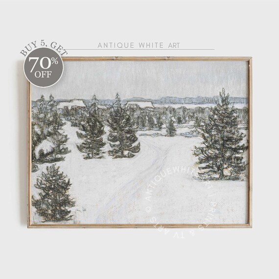Vintage Winter Print Snowy Winter Forest Art Rustic Landscape Oil Painting Moody Country Scenery Farmhouse Decor A164