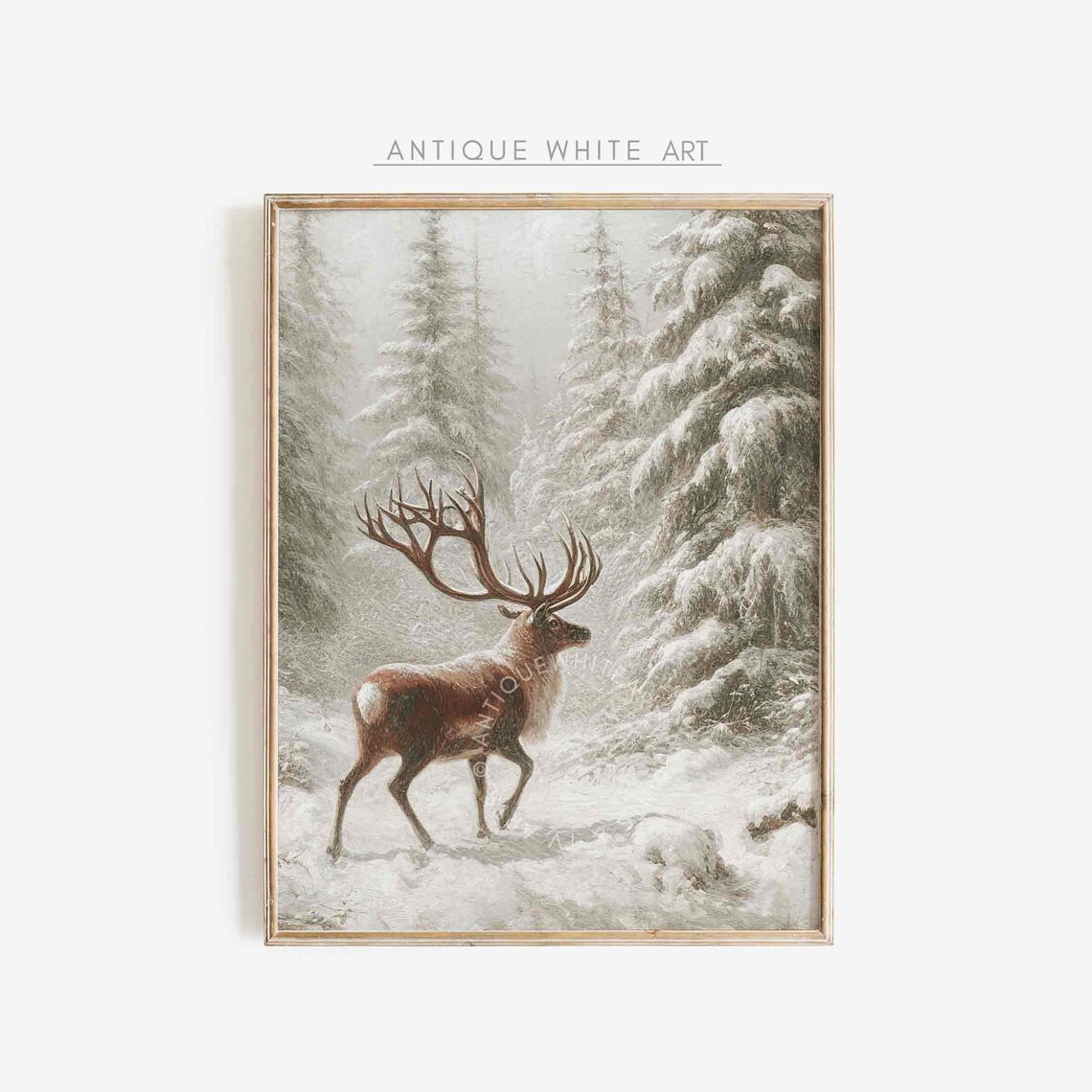 Vintage Deer In Winter, Farmhouse Christmas Wall Art