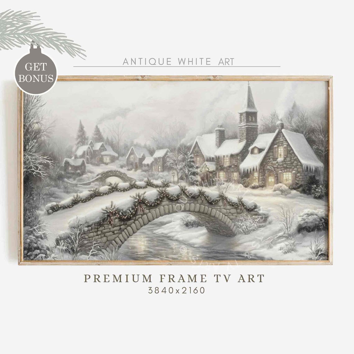 Snowy Christmas Village Stone Bridge Garland Vintage Wall Art Print