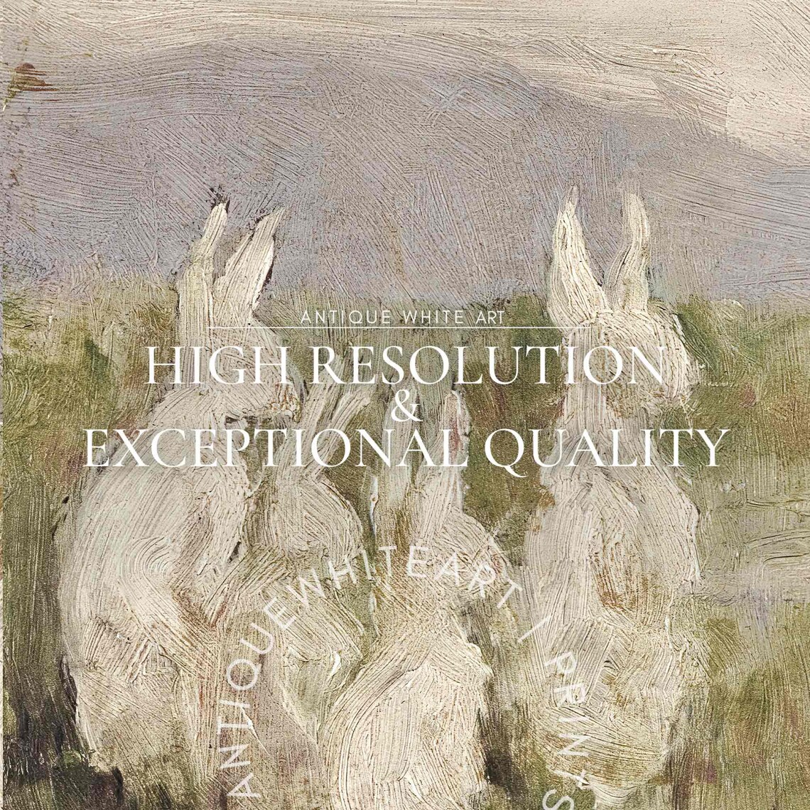 Three White Rabbits in Field Vintage Easter Bunny Painting Cottagecore Wall Poster - Image 3