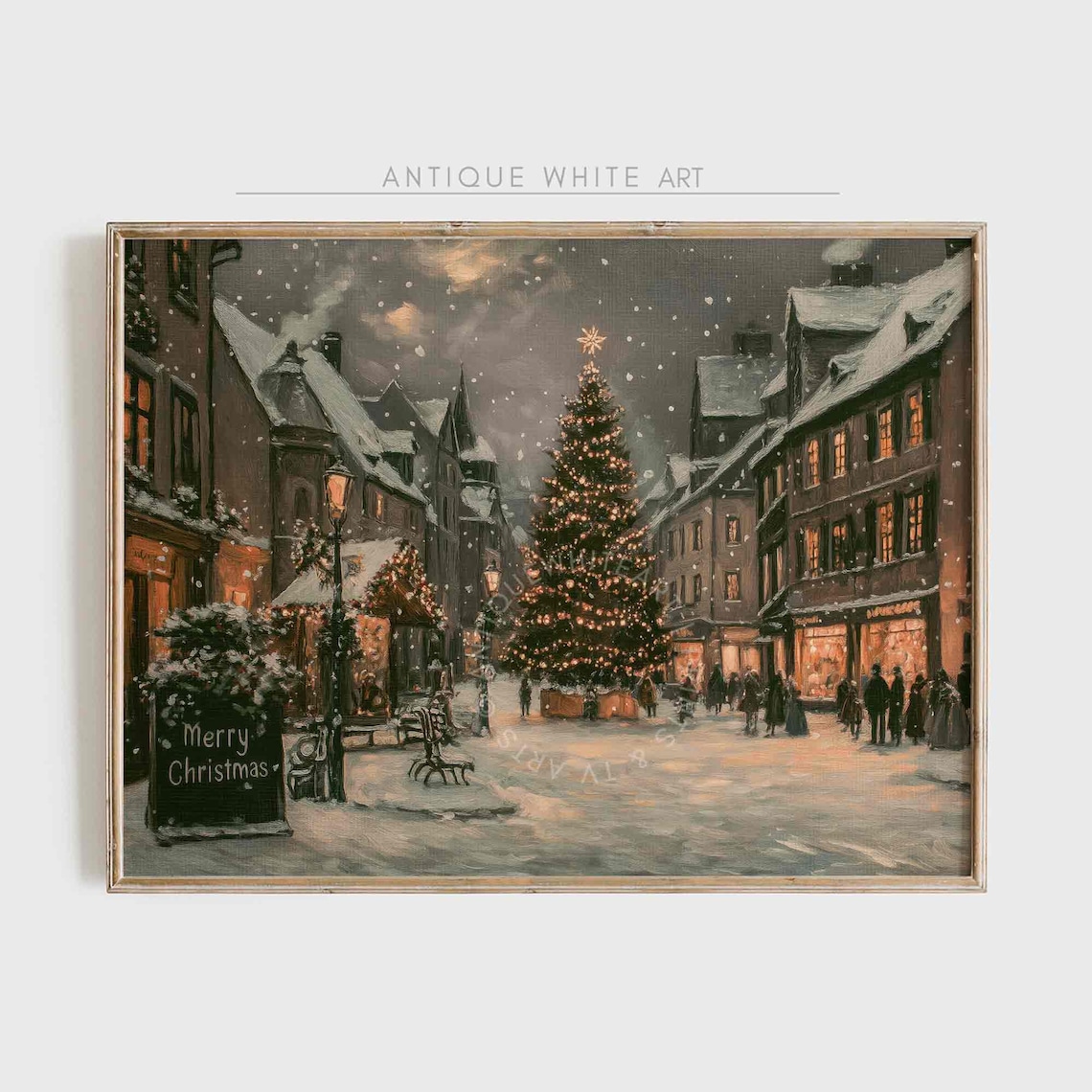 Vintage Christmas Town Art Print, Moody Winter Decor