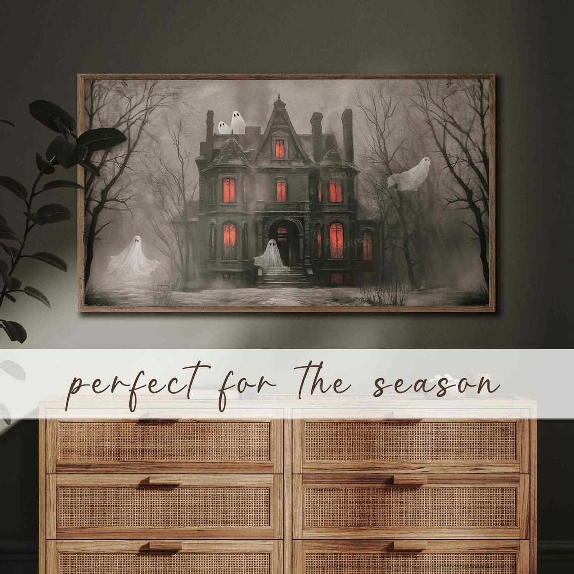 Haunted House With Ghosts And Glowing Red Windows Vintage Spooky Night Poster - Image 4