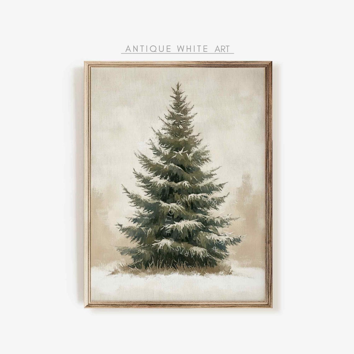 Single Snow Dusted Evergreen Tree Minimalist Neutral Wall Art