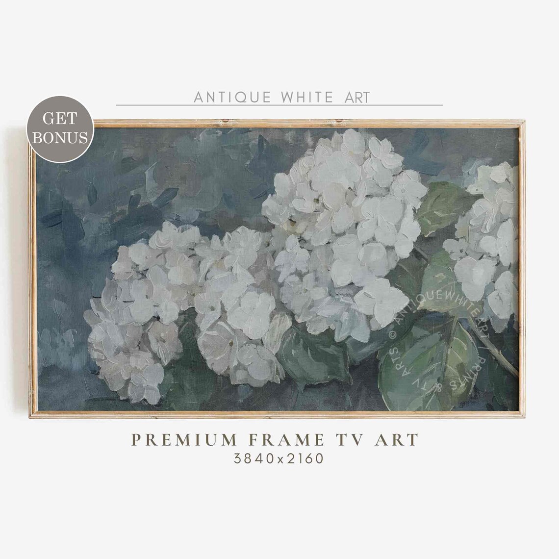 White Hydrangea Blossom Oil Painting Blue Grey Floral Art TV Poster