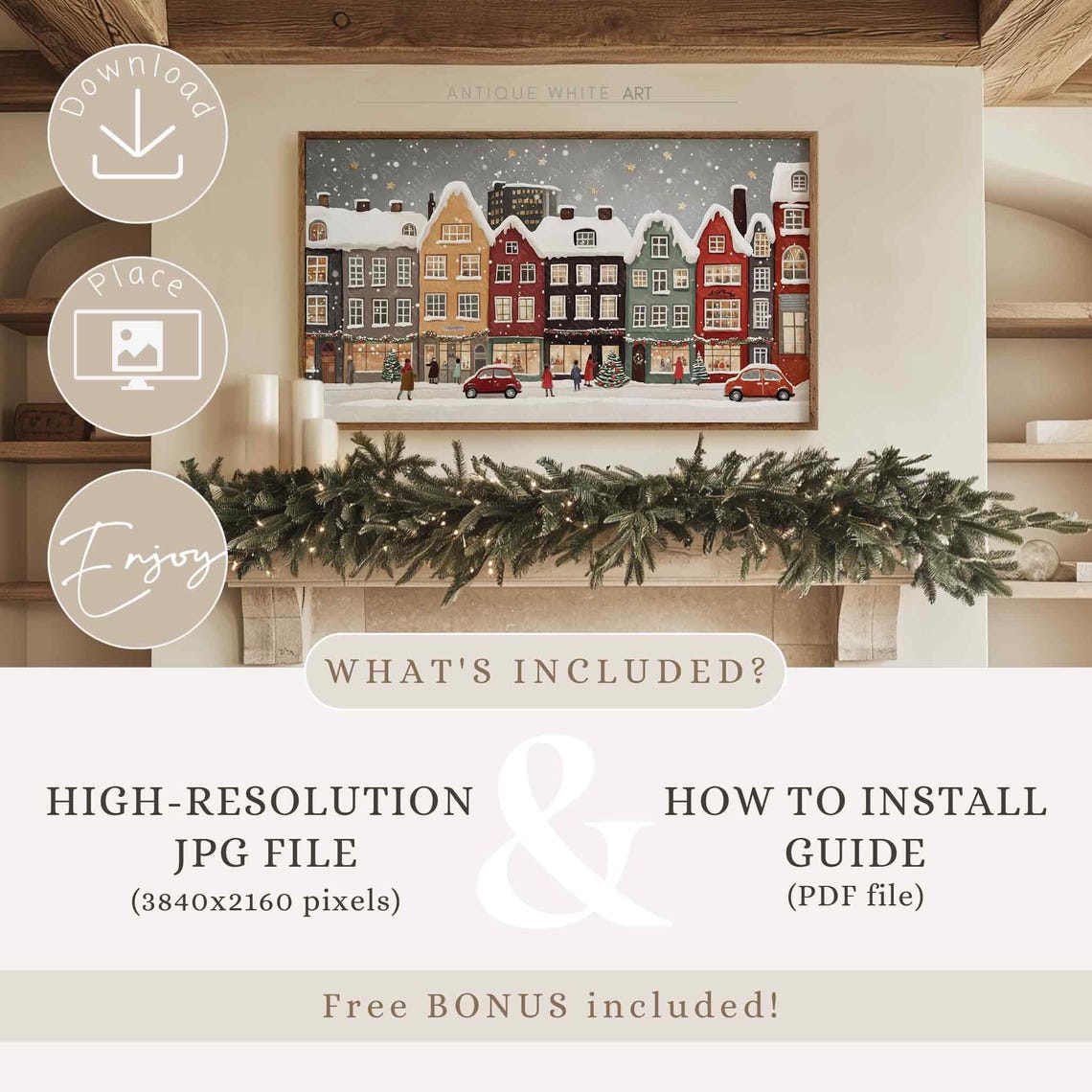 Christmas Village Frame Tv Art Winter Town At Night Christmas Painting For Tv Neutral Holiday Frame Tv Art Christmas Decor Wa91 - Image 4
