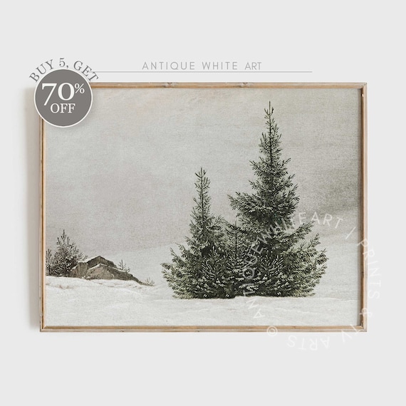 Vintage Winter Fir Trees Art Print, Farmhouse Christmas