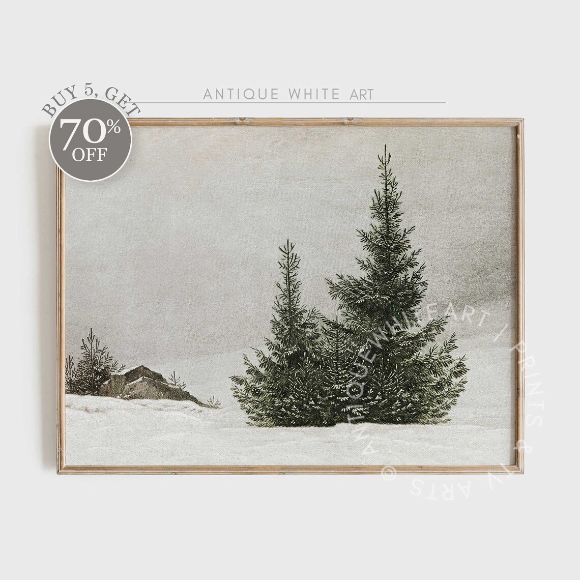 Vintage Winter Fir Trees Art Print, Farmhouse Christmas