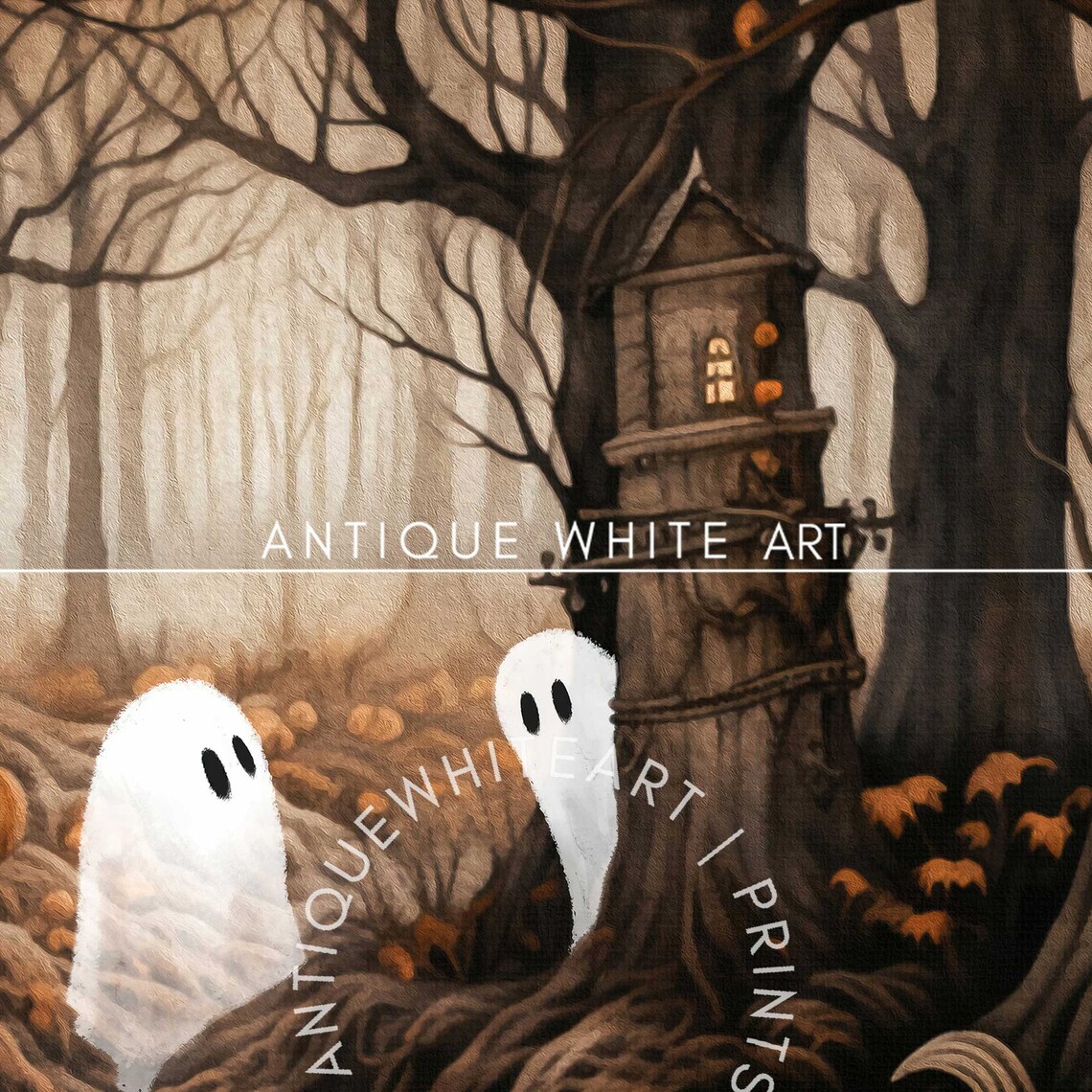 Cute Halloween Ghosts Spooky Haunted Forest Pumpkins Vintage Painting Print - Image 4