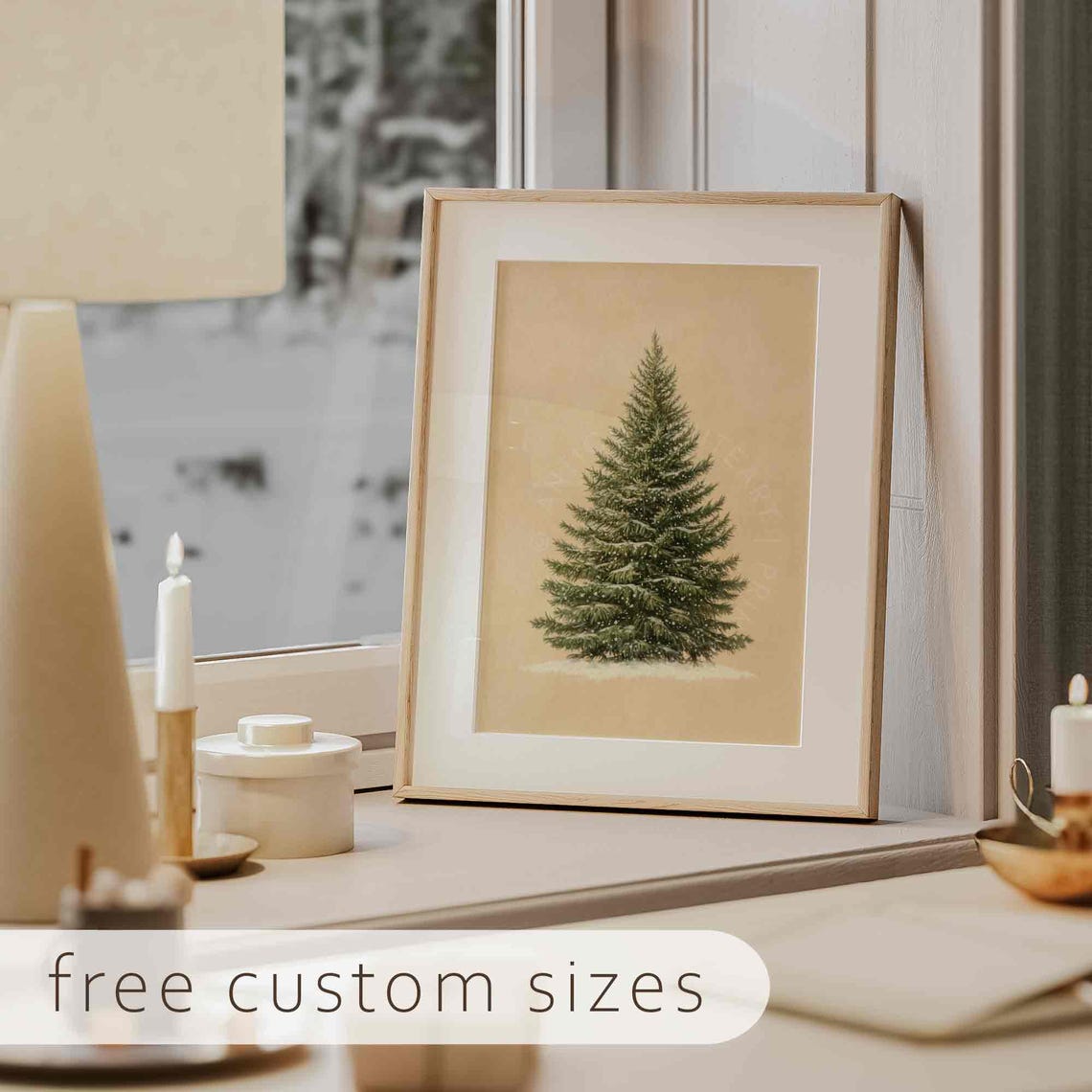 Lone Evergreen Pine Tree Minimalist Beige Christmas Wall Art - Image 3