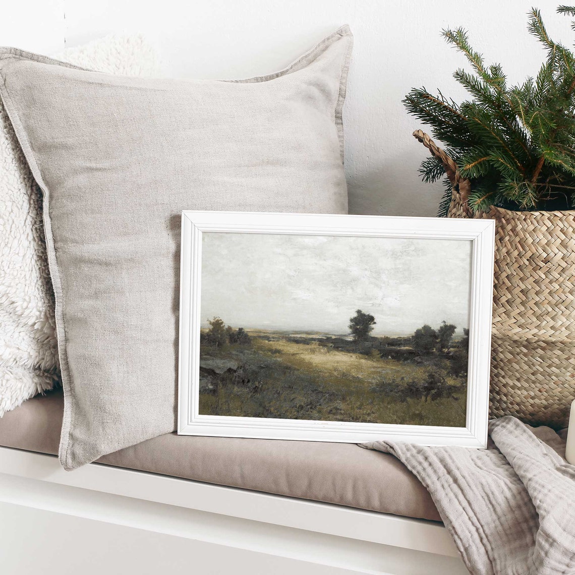 Vintage Neutral Countryside Meadow Trees Moody Landscape Print - Image 4