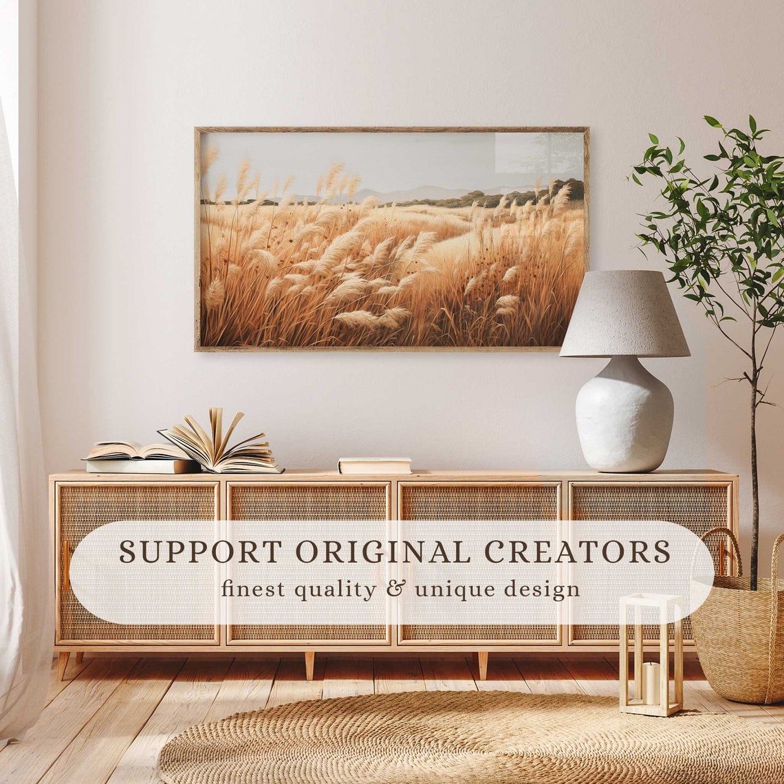 Golden Grass Field Seed Heads Hazy Mountain Vintage Wall Art Print - Image 2