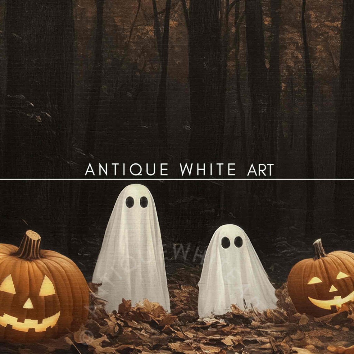 Two Ghosts Among Glowing Jack O Lanterns In Dark Forest Halloween Poster - Image 4